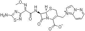 CAS 登录号：113359-04-9, 头孢唑兰, 1-[[(6R,7R)-7-[(Z)-2-(5-氨基-1,2,4-噻二唑-3-基)-2-甲氧亚氨基乙酰胺基]-2-羧基-8-氧代-5-硫杂-1-氮杂双环[4.2.0]辛-2-烯-3-基]甲基]咪唑并[1,2-b]哒嗪鎓氢氧化物内盐