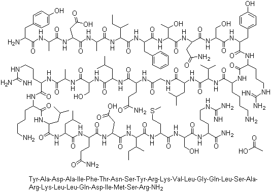 CAS # 114466-38-5, Sermorelin acetate, (3S)-4-[[(1S)-2-[[(1S,2S)-1-[[(1S)-2-[[(1S,2R)-1-[[(1S)-3-amino-1-[[(1S)-2-[[(1S)-2-[[(1S)-1-[[(1S)-5-amino-1-[[(1S)-1-[[(1S)-1-[[2-[[(1S)-4-amino-1-[[(1S)-1-[[(1S)-2-[[(1S)-2-[[(1S)-1-[[(1S)-5-amino-1-[[(1S)-1-[[(1S)-1-[[(1S)-4-amino-1-[[(1S)-2-[[(1S,2S)-1-[[(1S)-1-[[(1S)-2-[[(1S)-1-carbamoyl-4-guanidino-butyl]amino]-1-(hydroxymethyl)-2-oxo-ethyl]carbamoyl]-3-methylsulfanyl-propyl]carbamoyl]-2-methyl-butyl]amino]-1-(carboxymethyl)-2-oxo-ethyl]carbamoyl]-4-oxo-butyl]carbamoyl]-3-methyl-butyl]carbamoyl]-3-methyl-butyl]carbamoyl]pentyl]carbamoyl]-4-guanidino-butyl]amino]-1-methyl-2-oxo-ethyl]amino]-1-(hydroxymethyl)-2-oxo-ethyl]carbamoyl]-3-methyl-butyl]carbamoyl]-4-oxo-butyl]amino]-2-oxo-ethyl]carbamoyl]-3-methyl-butyl]carbamoyl]-2-methyl-propyl]carbamoyl]pentyl]carbamoyl]-4-guanidino-butyl]amino]-1-[(4-hydroxyphenyl)methyl]-2-oxo-ethyl]amino]-1-(hydroxymethyl)-2-oxo-ethyl]carbamoyl]-3-oxo-propyl]carbamoyl]-2-hydroxy-propyl]amino]-1-benzyl-2-oxo-ethyl]carbamoyl]-2-methyl-butyl]amino]-1-methyl-2-oxo-ethyl]amino]-3-[[(2S)-2-[[(2S)-2-amino-3-(4-hydroxyphenyl)propanoyl]amino]propanoyl]amino]-4-oxo-butanoic acid