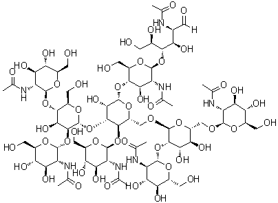 O-2-(Acetylamino)-2-deoxy-alpha-D-glucopyranosyl-(1→2)-O-[2-(acetylamino)-2-deoxy-beta-D-glucopyranosyl-(1→4)]-O-alpha-D-mannopyranosyl-(1→3)-O-[2-(acetylamino)-2-deoxy-beta-D-glucopyranosyl-(1→4)]-O-[O-2-(acetylamino)-2-deoxy-beta-D-glucopyranosyl-(1→2)-O-[2-(acetylamino)-2-deoxy-beta-D-glucopyranosyl-(1→6)]-alpha-D-mannopyranosyl-(1→6)]-O-beta-D-mannopyranosyl-(1→4)-O-2-(acetylamino)-2-deoxy-beta-D-glucopyranosyl-(1→4)-2-(acetylamino)-2-deoxy-D-glucose molecular structure (CAS 115403-70-8)