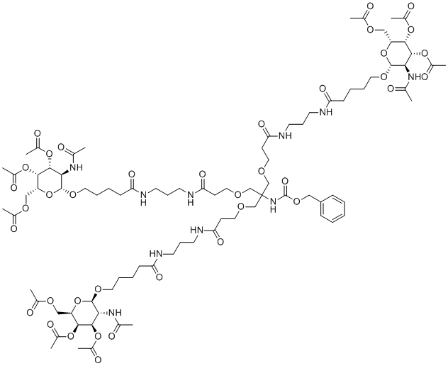 CAS # 1159408-63-5, Benzyl {1,31-bis[(2-acetamido-3,4,6-tri-O-acetyl-2-deoxy-beta-D-galactopyranosyl)oxy]-16-[(3-{[3-({5-[(2-acetamido-3,4,6-tri-O-acetyl-2-deoxy-beta-D-galactopyranosyl)oxy]pentanoyl}amino)propyl]amino}- 3-oxopropoxy)methyl]-5,11,21,27-tetraoxo-14,18-dioxa-6,10,22,26-tetraazahentriacontan-16-yl}carbamate, [(2R,3R,4R,5R,6R)-5-acetamido-6-[5-[3-[3-[3-[3-[3-[5-[(2R,3R,4R,5R,6R)-3-acetamido-4,5-diacetyloxy-6-(acetyloxymethyl)oxan-2-yl]oxypentanoylamino]propylamino]-3-oxopropoxy]-2-[[3-[3-[5-[(2R,3R,4R,5R,6R)-3-acetamido-4,5-diacetyloxy-6-(acetyloxymethyl)oxan-2-yl]oxypentanoylamino]propylamino]-3-oxopropoxy]methyl]-2-(phenylmethoxycarbonylamino)propoxy]propanoylamino]propylamino]-5-oxopentoxy]-3,4-diacetyloxyoxan-2-yl]methyl acetate