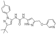 CAS 登录号：1166393-85-6, N-[3-(1,1-二甲基乙基)-1-(4-甲基苯基)-1H-吡唑-5-基]-N'-[3-[(3-吡啶基氧基)甲基]-1H-吡唑-5-基]脲