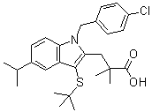 structure of CAS# 118414-82-7, 1-[(4-氯苯基)甲基]-3-叔丁基硫基-alpha,alpha-二甲基-5-异丙基-1H-吲哚-2-丙酸