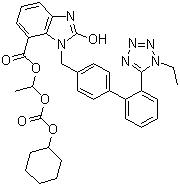 CAS # 1185255-99-5, 2-Desethoxy-2-hydroxy-1H-1-Ethyl Candesartan Cilexetil, 3-[[2'-(1-Ethyl-1H-tetrazol-5-yl)[1,1'-biphenyl]-4-yl]methyl]-2,3-dihydro-1H-benzimidazole-4-carboxylic acid 2-oxo-1-[[(cyclohexyloxy)carbonyl]oxy]ethyl ester