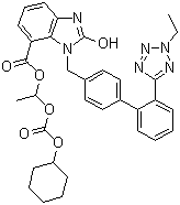 CAS # 1185256-03-4, 2-Desethoxy-2-hydroxy-2H-2-ethyl Candesartan Cilexetil, 3-[[2'-(2-Ethyl-2H-tetrazol-5-yl)[1,1'-biphenyl]-4-yl]methyl]-2,3-dihydro-2-oxo-1H-benzimidazole-4-carboxylic acid 1-[[(cyclohexyloxy)carbonyl]oxy]ethyl ester