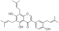 CAS # 119061-09-5, Euchrenone b1, 5,7-Dihydroxy-3-[4-hydroxy-3-(3-methyl-2-buten-1-yl)phenyl]-6,8-bis(3-methyl-2-buten-1-yl)-4H-1-benzopyran-4-one