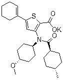 CAS # 1200133-34-1, VCH 916, 5-(1-Cyclohexen-1-yl)-3-[(trans-4-methoxycyclohexyl)[(trans-4-methylcyclohexyl)carbonyl]amino]-2-thiophenecarboxylic acid potassium salt