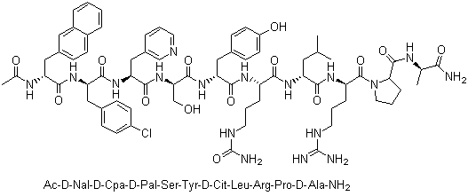 CAS # 120287-85-6, Cetrorelix, (2S)-1-[(2S)-2-[[(2S)-2-[[(2R)-2-[[(2S)-2-[[(2S)-2-[[(2R)-2-[[(2R)-2-[[(2R)-2-acetamido-3-naphthalen-2-ylpropanoyl]amino]-3-(4-chlorophenyl)propanoyl]amino]-3-pyridin-3-ylpropanoyl]amino]-3-hydroxypropanoyl]amino]-3-(4-hydroxyphenyl)propanoyl]amino]-5-(carbamoylamino)pentanoyl]amino]-4-methylpentanoyl]amino]-5-(diaminomethylideneamino)pentanoyl]-N-[(2R)-1-amino-1-oxopropan-2-yl]pyrrolidine-2-carboxamide