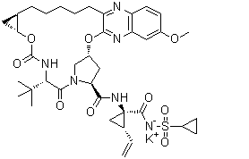 CAS # 1206524-86-8, MK 5172 potassium salt, (1R,2S)-N-[[[(1R,2R)-2-[5-(3-Hydroxy-6-methoxy-2-quinoxalinyl)pentyl]cyclopropyl]oxy]carbonyl]-3-methyl-L-valyl-(4R)-4-hydroxy-L-prolyl-1-amino-N-(cyclopropylsulfonyl)-2-ethenylcCyclopropanecarboxamide cyclic (1→2)-ether potassium salt (1:1)
