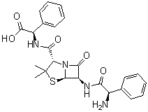 CAS 登录号：1207726-28-0, (alphaR)-alpha-[[[(2S,5R,6R)-6-[[(2R)-2-氨基-2-苯基乙酰基]氨基]-3,3-二甲基-7-氧代-4-硫杂-1-氮杂双环[3.2.0]庚烷-2-基]羰基]氨基]苯乙酸