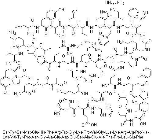 CAS # 12279-41-3, Seractide, L-Seryl-L-tyrosyl-L-seryl-L-methionyl-L-alpha-glutamyl-L-histidyl-L-phenylalanyl-L-arginyl-L-tryptophylglycyl-L-lysyl-L-prolyl-L-valylglycyl-L-lysyl-L-lysyl-L-arginyl-L-arginyl-L-prolyl-L-valyl-L-lysyl-L-valyl-L-tyrosyl-L-prolyl-L-asparaginylglycyl-L-alanyl-L-alpha-glutamyl-L-alpha-aspartyl-L-alpha-glutamyl-L-seryl-L-alanyl-L-alpha-glutamyl-L-alanyl-L-phenylalanyl-L-prolyl-L-leucyl-L-alpha-glutamyl-L-phenylalanine
