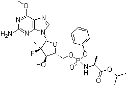 CAS 登录号：1231747-08-2, PSI 353661, N-[[P(S),2'R]-2'-脱氧-2'-氟-2'-甲基-6-O-甲基-P-苯基-5'-鸟苷酰基]-L-丙氨酸异丙酯