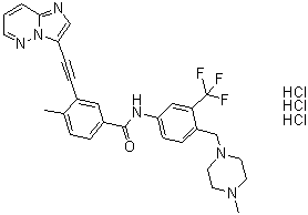 CAS 登录号：1232836-25-7, 3-(2-咪唑并[1,2-b]哒嗪-3-基乙炔基)-4-甲基-N-[4-[(4-甲基-1-哌嗪基)甲基]-3-(三氟甲基)苯基]苯甲酰胺三盐酸盐