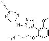 structure of CAS# 1234015-52-1, 5-[[5-[2-(3-氨基丙氧基)-6-甲氧基苯基]-1H-吡唑-3-基]氨基]-2-吡嗪甲腈
