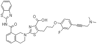 structure of CAS# 1235034-55-5, 2-[8-[(2-苯并噻唑基氨基)羰基]-3,4-二氢-2(1H)-异喹啉基]-5-[3-[4-[3-(二甲基氨基)-1-丙炔-1-基]-2-氟苯氧基]丙基]-4-噻唑羧酸