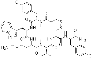 CAS # 123528-93-8, N-(3-Mercapto-1-oxopropyl)-L-tyrosyl-D-tryptophyl-L-lysyl-L-valyl-L-cysteinyl-4-chloro-D-phenylalaninamide cyclic (1→5)-disulfide