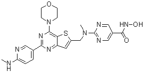 structure of CAS# 1235449-52-1, N-羟基-2-[[[2-[6-(甲基氨基)吡啶-3-基]-4-(吗啉-4-基)噻吩并[3,2-d]嘧啶-6-基]甲基][甲基]氨基]嘧啶-5-甲酰胺