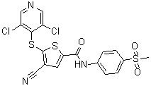 structure of CAS# 1247825-37-1, 4-Cyano-5-[(3,5-dichloro-4-pyridinyl)thio]-N-[4-(methylsulfonyl)phenyl]-2-thiophenecarboxamide