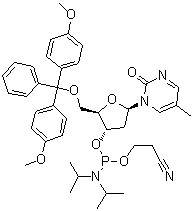structure of CAS# 125258-62-0, 1-[5-O-[Bis(4-methoxyphenyl)phenylmethyl]-3-O-[[bis(1-methylethyl)amino](2-cyanoethoxy)phosphino]-2-deoxy-beta-D-erythro-pentofuranosyl]-5-methyl-2(1H)-pyrimidinone