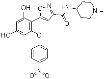CAS # 1253584-84-7, 5-[2,4-Dihydroxy-6-(4-nitrophenoxy)phenyl]-N-(1-methyl-4-piperidinyl)-3-isoxazolecarboxamide, NMS-E 973