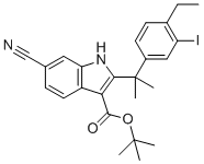 structure of CAS# 1256584-75-4, 6-Cyano-2-[1-(4-ethyl-3-iodophenyl)-1-methylethyl]-1H-indole-3-carboxylic acid 1,1-dimethylethyl ester