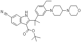 CAS 登录号：1256698-41-5, 6-氰基-2-[1-[4-乙基-3-[4-(4-吗啉基)-1-哌啶基]苯基]-1-甲基乙基]-1H-吲哚-3-羧酸叔丁酯