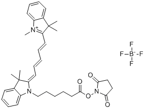 CAS # 1263093-76-0, (2,5-dioxopyrrolidin-1-yl) 6-[(2E)-3,3-dimethyl-2-[(2E,4E)-5-(1,3,3-trimethylindol-1-ium-2-yl)penta-2,4-dienylidene]indol-1-yl]hexanoate tetrafluoroborate