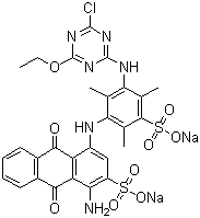 CAS # 12677-16-6, Reactive Blue 74, Cibacron Pront Blue 3R, Procion Blue H 4R, Procion Brilliant Blue H 4R, 1-Amino-4-[[3-[(4-chloro-6-ethoxy-1,3,5-triazin-2-yl)amino]-2,4,6-trimethyl-5-sulfophenyl]amino]-9,10-dihydro-9,10-dioxo-2-anthracenesulfonic acid sodium salt