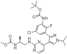 CAS # 1269440-77-8, N-[(1S)-2-[[4-[3-[5-Chloro-3-[[(1,1-dimethylethoxy)carbonyl]amino]-2-fluorophenyl]-1-(1-methylethyl)-1H-pyrazol-4-yl]-2-pyrimidinyl]amino]-1-methylethyl]carbamic acid methyl ester