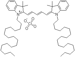 CAS # 127274-91-3, 1,1'-Dioctadecyl-3,3,3',3'-tetramethylindodicarbocyanine perchlorate, 3H-Indolium, 2-[5-(1,3-dihydro-3,3-dimethyl-1-octadecyl-2H-indol-2-ylidene)-1,3-pentadien-1-yl]-3,3-dimethyl-1-octadecyl-, perchlorate (1:1)