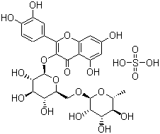 CAS # 12768-44-4, Rutin sulfate, 3-[[6-O-(6-Deoxy-alpha-L-mannopyranosyl)-beta-D-glucopyranosyl]oxy]-2-(3,4-dihydroxyphenyl)-5,7-dihydroxy-4H-1-benzopyran-4-one sulfate