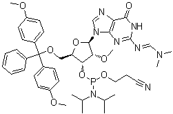 structure of CAS# 128219-77-2, 5'-O-[二(4-甲氧基苯基)苯基甲基]-N-[(二甲基氨基)亚甲基]-2'-O-甲基鸟苷 3'-[2-氰基乙基二异丙基氨基膦酸酯]