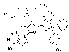 structure of CAS# 128219-85-2, 5'-O-[二(4-甲氧基苯基)苯基甲基]-2'-O-甲基肌苷 3'-[2-氰基乙基二异丙基氨基膦酸酯]