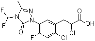 CAS # 128621-72-7, Carfentrazone, 2-Chloro-3-[2-chloro-5-[4-(difluoromethyl)-3-methyl-5-oxo-1,2,4-triazol-1-yl]-4-fluorophenyl]propanoic acid