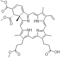 CAS # 129497-78-5, Verteporfin, trans-3,4-Dicarboxy-4,4a-dihydro-4a,8,14,19-tetramethyl-18-vinyl-23H,25H-benzo(b)porphine-9,13-dipropionic acid 3,4,9-trimethyl ester
