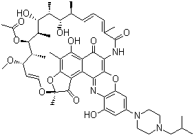 CAS # 129791-92-0, Rifalazil, 3'-Hydroxy-5'-(4-isobutylpiperazinyl)benzoxazinorifamycin, 5,12-Dihydroxy-2,4-dimethyl-10-[4-(2-methyl-propyl)-l-piperazinyl]-2,7-[oxy(5-acetoxy-7,9-dihydroxy-3-methoxy-4,6,8,10,14-pentamethyl-15-oxo-l,ll,13-pentadecatriene-l,15-diyl)imino]-6H-benzofuro[4,5-a]phenoxazine-l(2H),6-dione