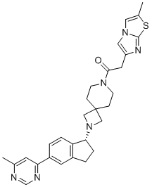 CAS # 1334782-79-4, 2-(2-methylimidazo[2,1-b][1,3]thiazol-6-yl)-1-[2-[(1R)-5-(6-methylpyrimidin-4-yl)-2,3-dihydro-1H-inden-1-yl]-2,7-diazaspiro[3.5]nonan-7-yl]ethanone