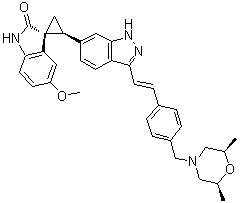 CAS 登录号：1338806-73-7, (1R,2S)-2-[3-[(1E)-2-[4-[[(2R,6S)-2,6-二甲基-4-吗啉基]甲基]苯基]乙烯基]-1H-吲唑-6-基]-5'-甲氧基-螺[环丙烷-1,3'-[3H]吲哚]-2'(1'H)-酮