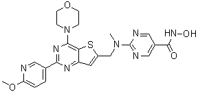 structure of CAS# 1339928-25-4, N-Hydroxy-2-[[[2-(6-methoxypyridin-3-yl)-4-(morpholin-4-yl)thieno[3,2-d]pyrimidin-6-yl]methyl](methyl)amino]pyrimidine-5-carboxamide
