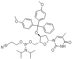 structure of CAS# 134031-86-0, 3'-O-[二(4-甲氧基苯基)苯基甲基]胸苷 5'-[2-氰基乙基二异丙基氨基亚磷酸酯]