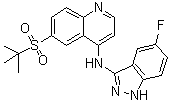 structure of CAS# 1346547-00-9, 6-[(1,1-Dimethylethyl)sulfonyl]-N-(5-fluoro-1H-indazol-3-yl)-4-quinolinamine