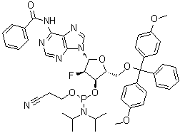structure of CAS# 136834-22-5, N-苯甲酰基-5'-O-[二(4-甲氧基苯基)苯基甲基]-2'-脱氧-2'-氟腺苷 3'-[2-氰基乙基 N,N-二异丙基氨基亚磷酸酯]