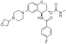 structure of CAS# 1373215-15-6, N-[(3R,4S)-3,4-Dihydro-3-[[(methylamino)carbonyl]oxy]-6-[4-(3-oxetanyl)-1-piperazinyl]-2H-1-benzopyran-4-yl]-4-fluorobenzamide