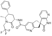 CAS # 1374248-77-7, Ubrogepant, (3S)-N-[(3S,5S,6R)-6-methyl-2-oxo-5-phenyl-1-(2,2,2-trifluoroethyl)piperidin-3-yl]-2-oxospiro[1H-pyrrolo[2,3-b]pyridine-3,6'-5,7-dihydrocyclopenta[b]pyridine]-3'-carboxamide
