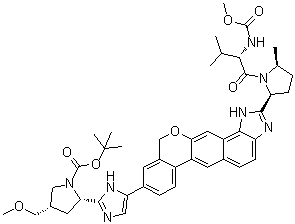 structure of CAS# 1378391-45-7, (2S,4S)-2-[5-[1,11-Dihydro-2-[(2S,5S)-1-[(2S)-2-[(methoxycarbonyl)amino]-3-methyl-1-oxobutyl]-5-methyl-2-pyrrolidinyl][2]benzopyrano[4',3':6,7]naphth[1,2-d]imidazol-9-yl]-1H-imidazol-2-yl]-4-(methoxymethyl)-1-pyrrolidinecarboxylic acid 1,1-dimethylethyl ester
