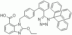 CAS # 139481-72-4, Trityl candesartan, 2-Ethoxy-1-[[(2'-(1-triphenylmethyl-1H-tetrazol-5-yl)biphenyl-4-yl)methyl]benzimidazole-7-carboxylic acid
