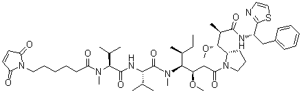 CAS # 1401963-15-2, Mc-MMAD, N-[6-(2,5-Dihydro-2,5-dioxo-1H-pyrrol-1-yl)-1-oxohexyl]-N-methyl-L-valyl-N-[(1S,2R)-2-methoxy-4-[(2S)-2-[(1R,2R)-1-methoxy-2-methyl-3-oxo-3-[[(1S)-2-phenyl-1-(2-thiazolyl)ethyl]amino]propyl]-1-pyrrolidinyl]-1-[(1S)-1-methylpropyl]-4-oxobutyl]-N-methyl-L-valinamide