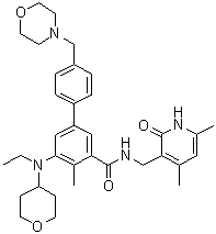 structure of CAS# 1403254-99-8, N-[(1,2-Dihydro-4,6-dimethyl-2-oxo-3-pyridinyl)methyl]-5-[ethyl(tetrahydro-2H-pyran-4-yl)amino]-4-methyl-4'-(4-morpholinylmethyl)-[1,1'-biphenyl]-3-carboxamide