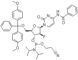 CAS # 1404463-12-2, N-[1-[5-O-[Bis(4-methoxyphenyl)phenylmethyl]-3-O-[[bis(1-methylethyl)amino](2-cyanoethoxy)phosphino]-2-deoxy-2-fluoro-beta-D-arabinofuranosyl]-1,2-dihydro-2-oxo-4-pyrimidinyl]benzamide