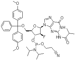 CAS # 1404463-20-2, N-[9-[5-O-[Bis(4-methoxyphenyl)phenylmethyl]-3-O-[[bis(1-methylethyl)amino](2-cyanoethoxy)phosphino]-2-deoxy-2-fluoro-beta-D-arabinofuranosyl]-6,9-dihydro-6-oxo-1H-purin-2-yl]-2-methylpropanamide