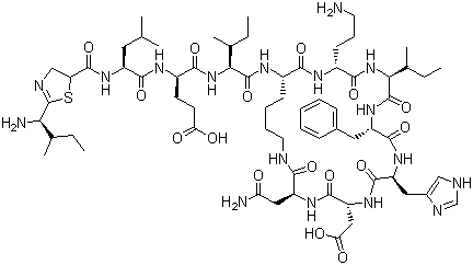 CAS # 1405-87-4, Bacitracin, N-[[(4R)-2-[(1S,2S)-1-Amino-2-methylbutyl]-4,5-dihydro-4-thiazolyl]carbonyl]-L-leucyl-D-alpha-glutamyl-L-isoleucyl-L-lysyl-D-ornithyl-L-isoleucyl-D-phenylalanyl-L-histidyl-D-alpha-aspartyl-L-asparagine (10.4)-lactam